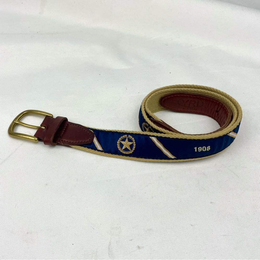 YRI Men’s Brown Leather Belt Navy Ribbon Texas Star 1908 Brass Buckle 32